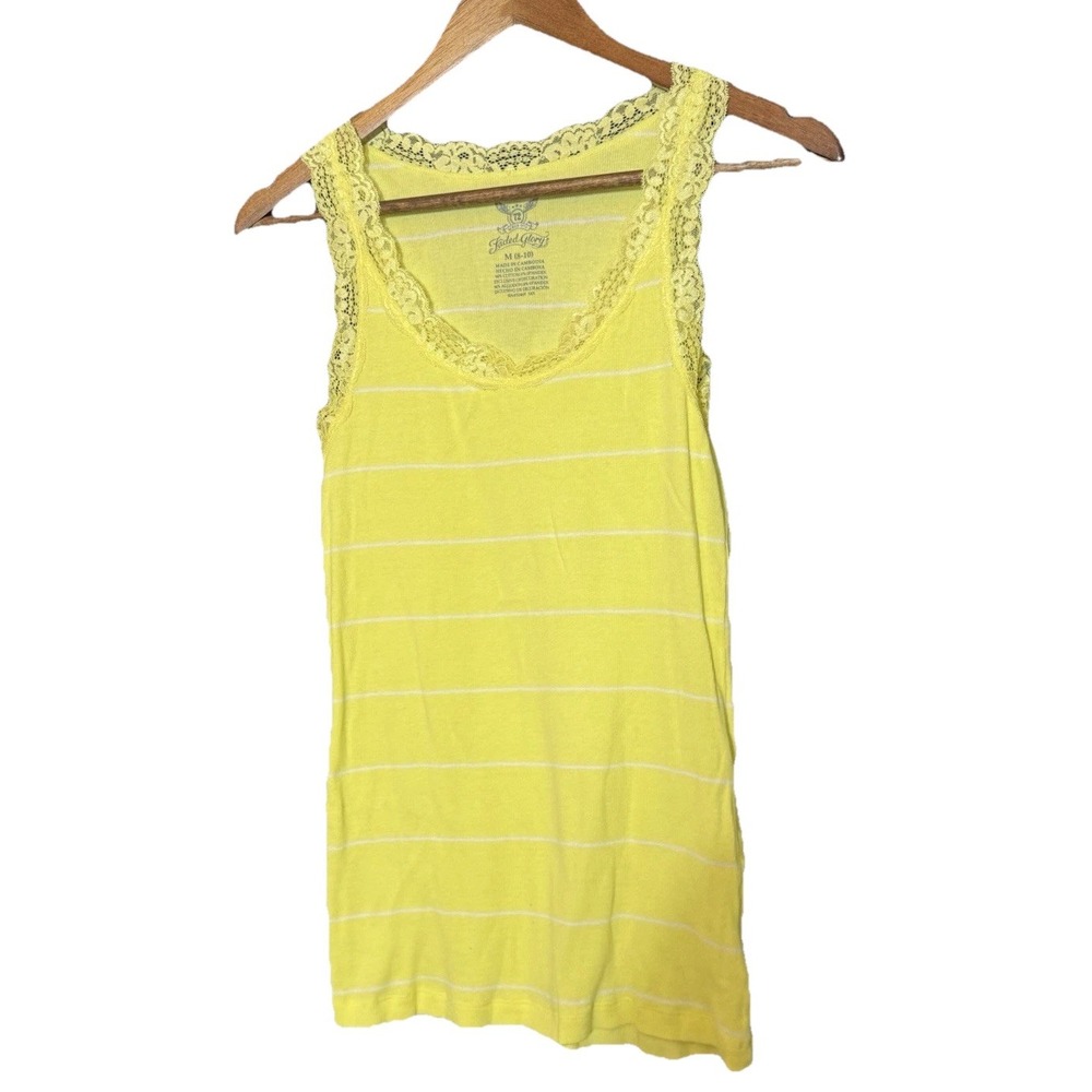 Faded Glory Y2K Lace Strap Cami Tank Top M Yellow Ribbed Cotton Spandex Coquette